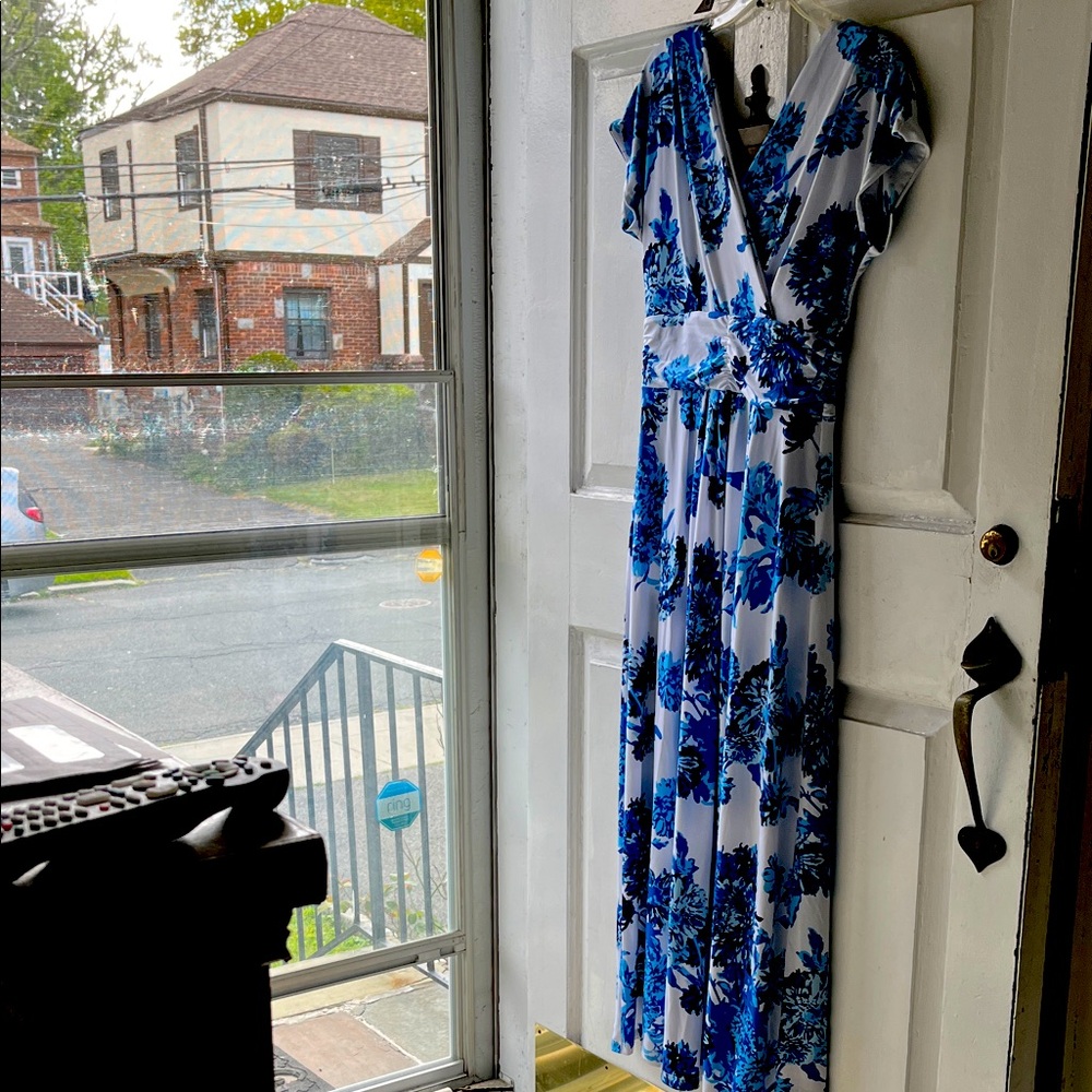IMAN White and Blue Floral Maxi Dress